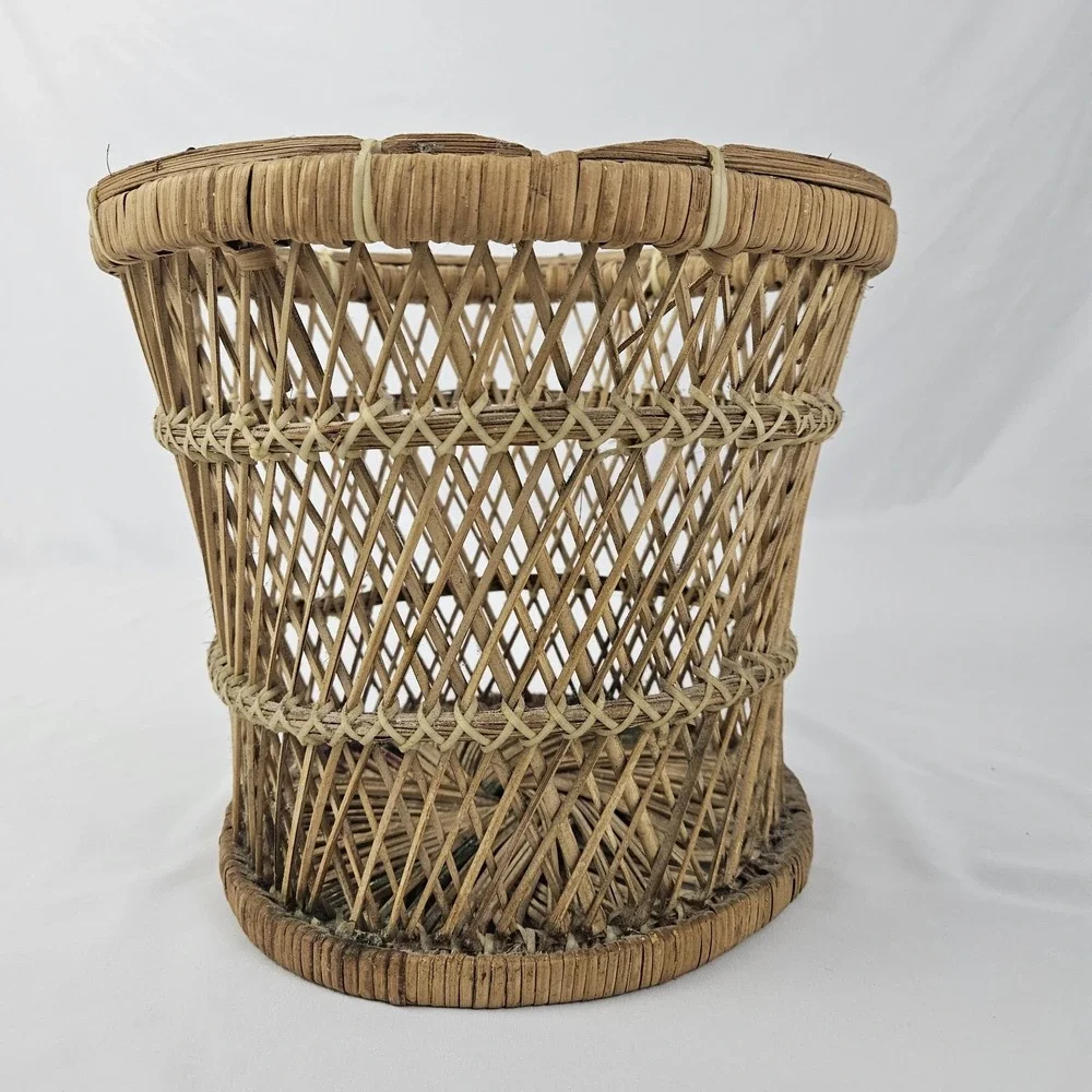 Vintage Boho Wicker Rattan Drum Planter Trash Can Mini Table Mid-Century Modern